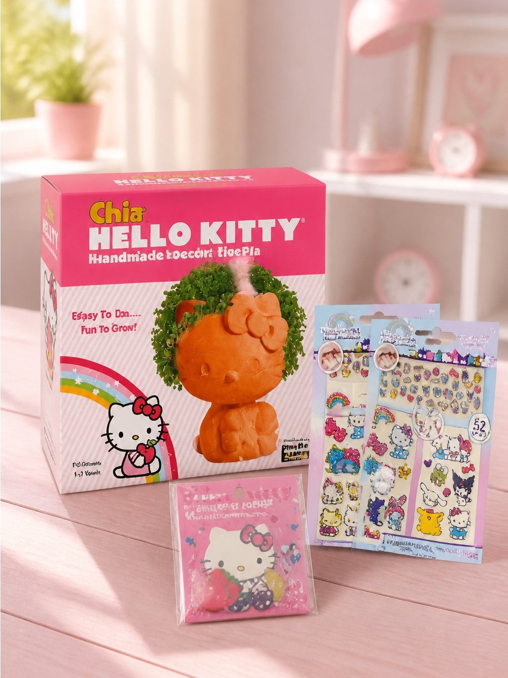 Hello Kitty Gift Bundle-New Sealed Playing Cards Chia Planter& Nail Body Art Set